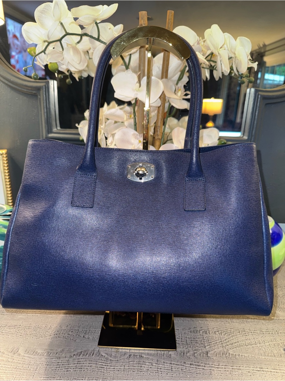 FURLA Elegant Navy Leather Tote Bag Timeless & Stunning Excellent Condition $699